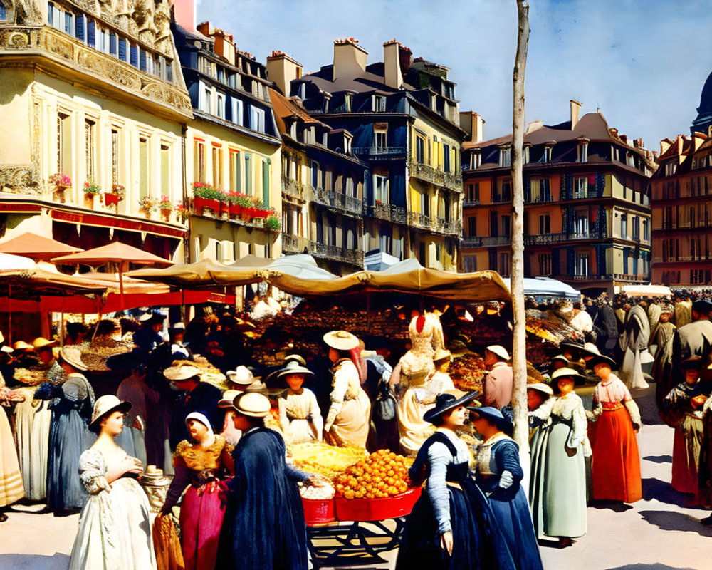 Vibrant historic market scene with elegant people and colorful stalls