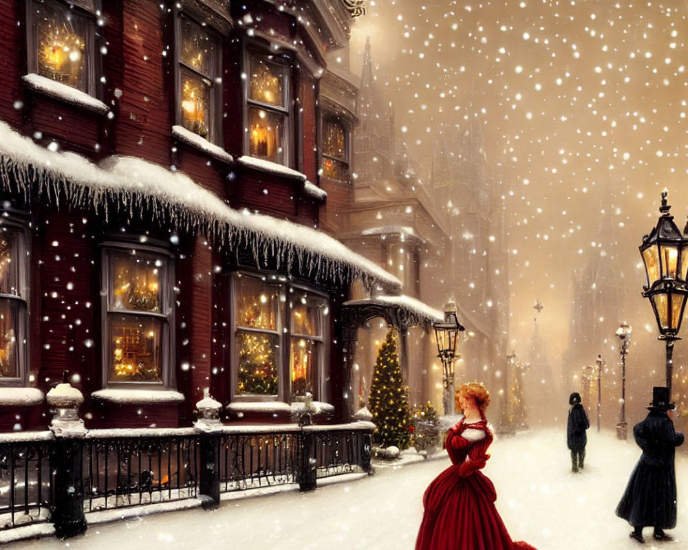 Victorian Christmas scene with snowy street and festive decorations