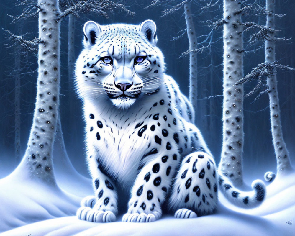 Snow leopard with blue eyes in snowy birch forest