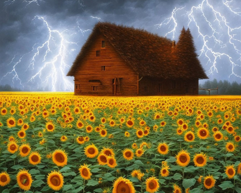 Traditional wooden house in vibrant sunflower field under dramatic lightning sky