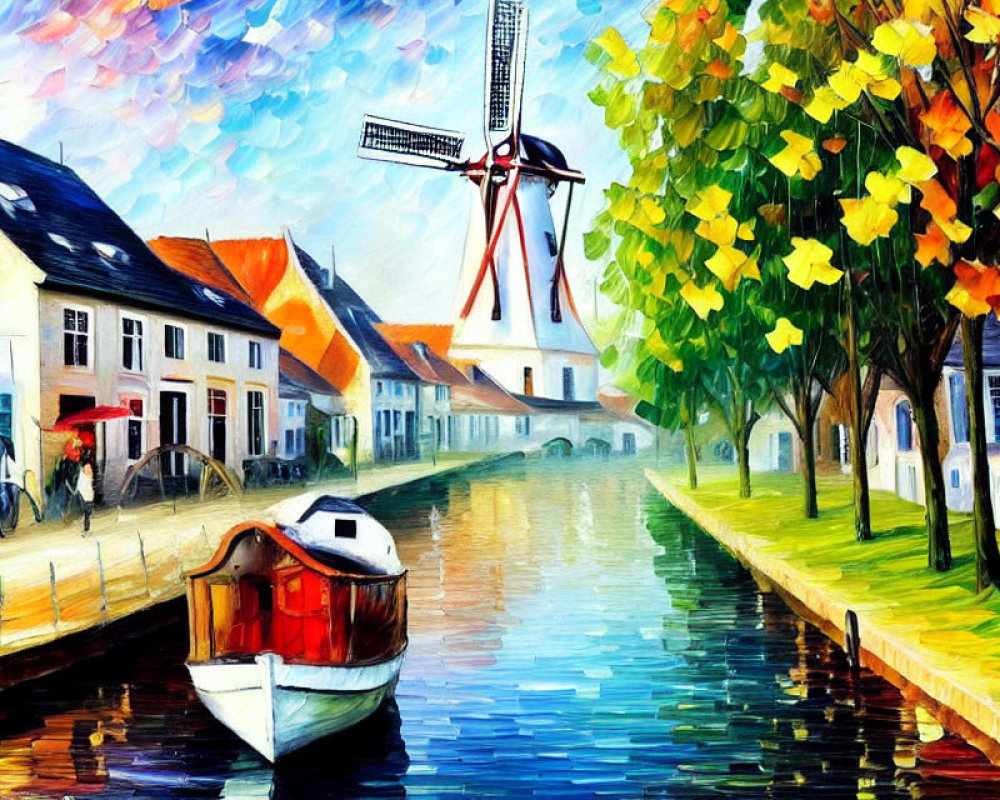 Colorful painting of canal, windmill, autumn trees, boat, and person with bicycle