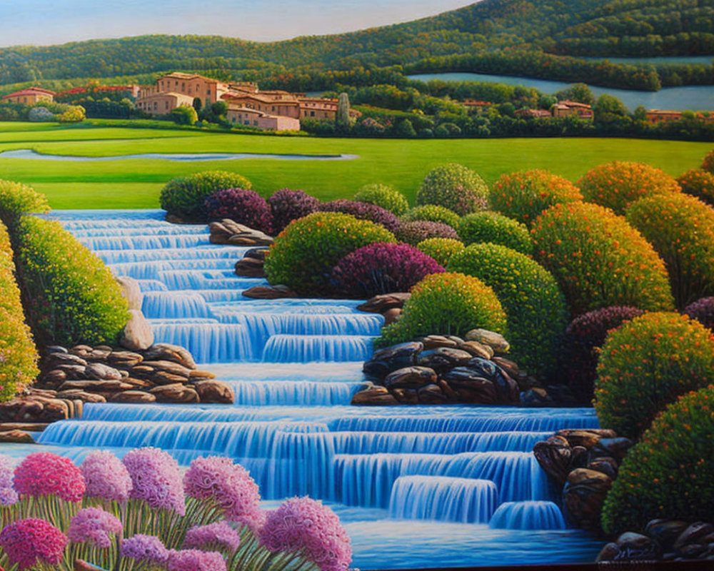 Landscape painting: cascading waterfalls, lush shrubbery, serene village, hills, clear