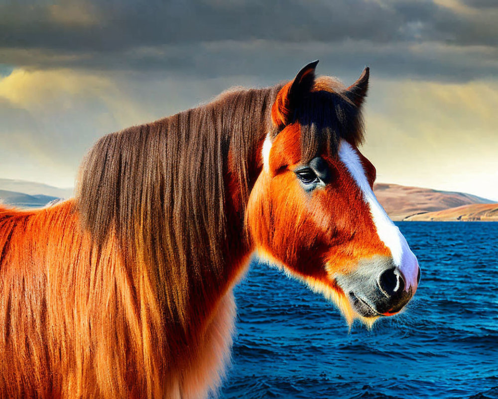 Brown and White Horse with Thick Mane Against Dramatic Sky and Blue Sea