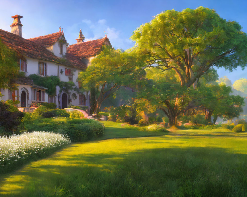 Scenic countryside house with lush lawn, vibrant flowers, and majestic tree