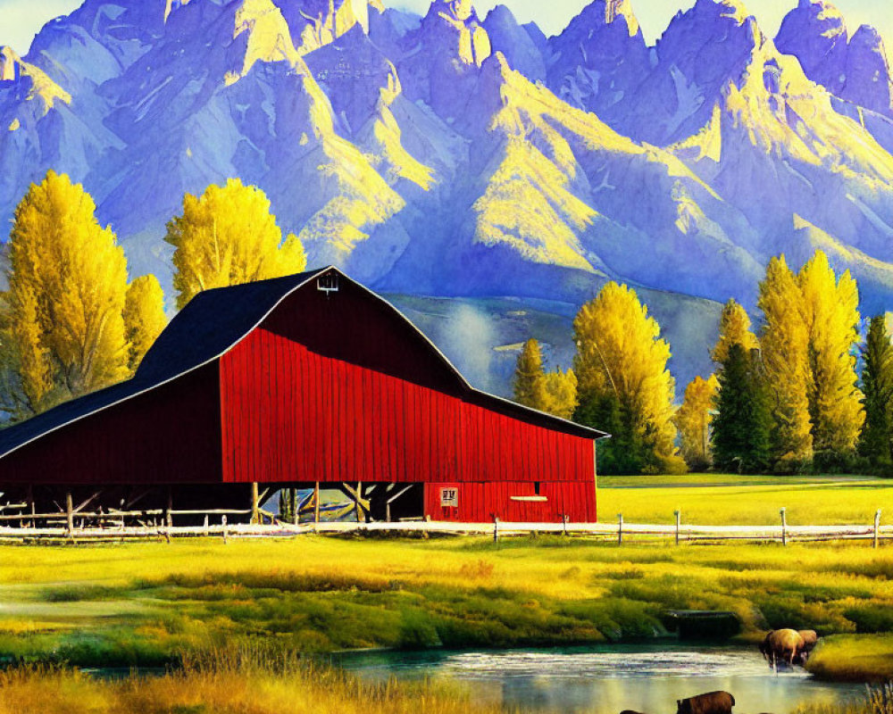 Scenic painting of red barn, mountain, cattle, and pond