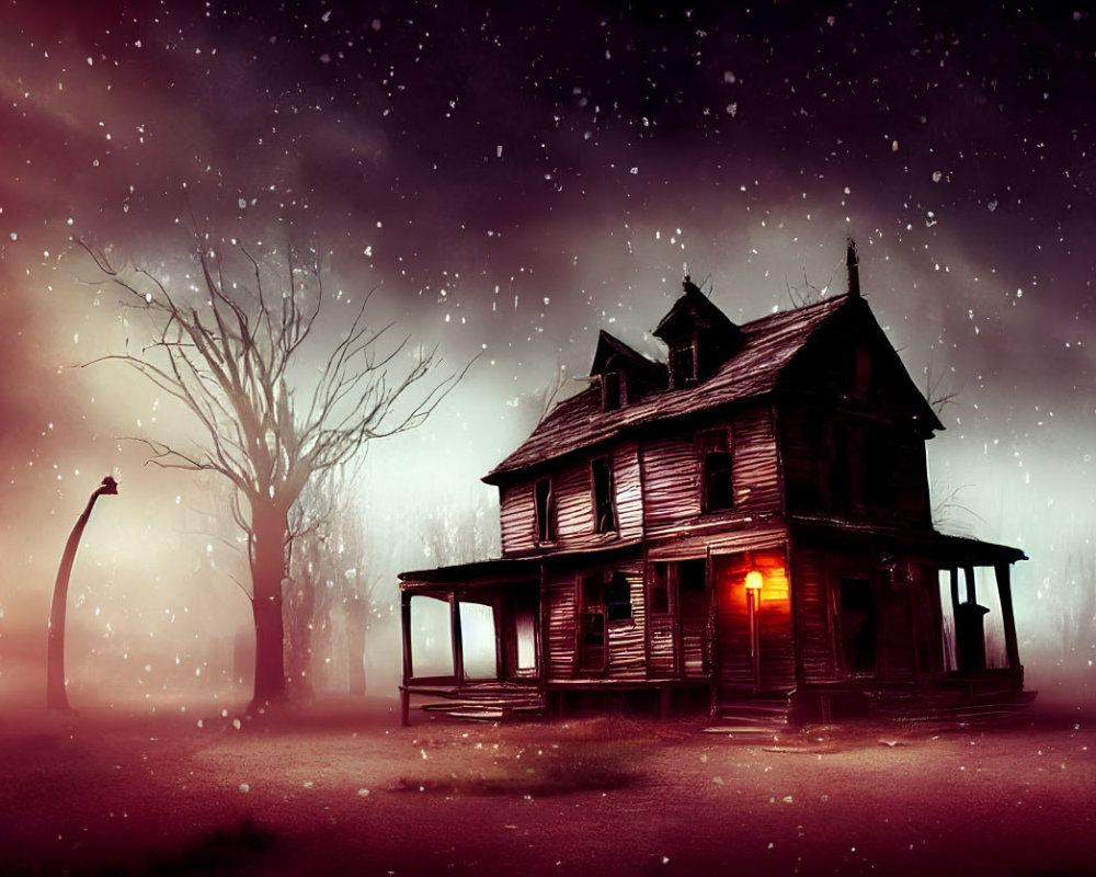 Spooky two-story house with glowing window in misty dusk landscape