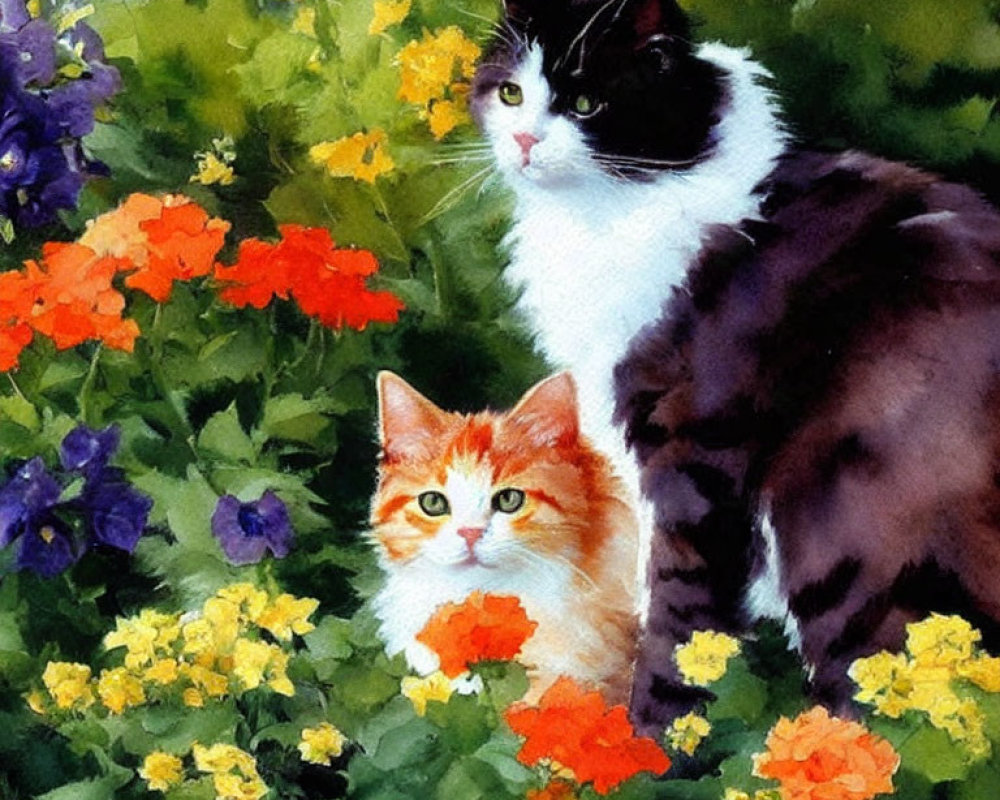 Two Cats in Colorful Flower Garden: Black & White and Orange & White Felines in Vibrant