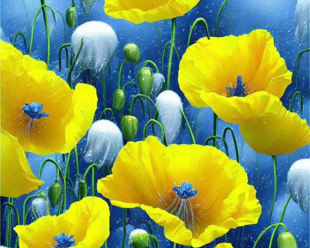 Colorful Yellow Poppies with Blue Centers and Raindrops on Soft Blue Background