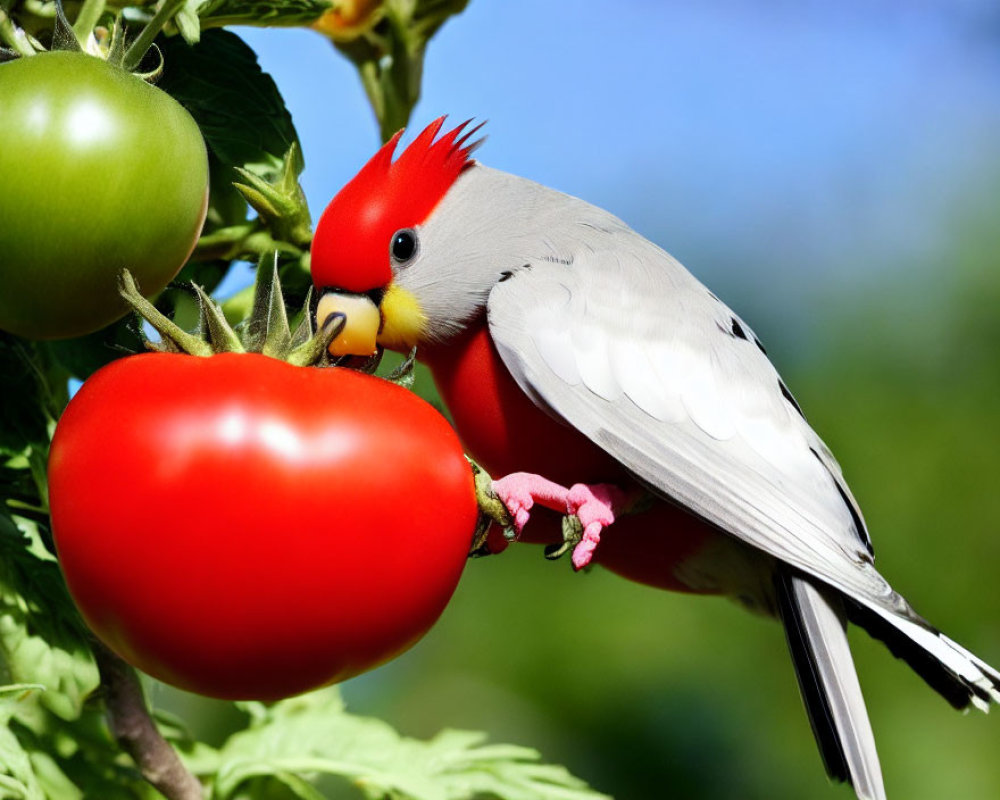 Vibrant bird with red crest on tomato vine pecking ripe tomato