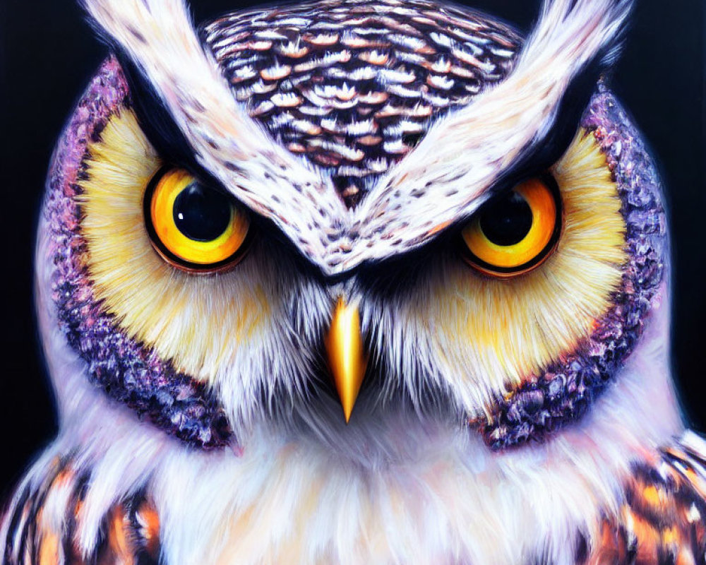 Detailed close-up of owl with piercing yellow eyes and sharp beak