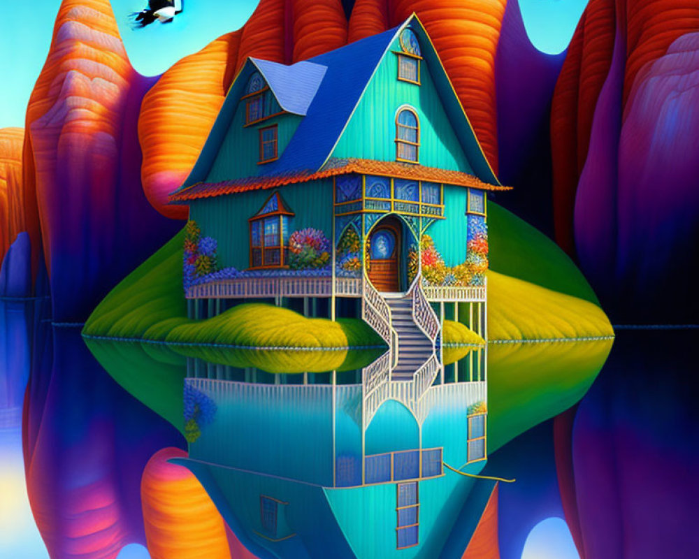 Colorful surreal artwork: Blue house reflection on water, orange cliffs, blue sky, flying birds