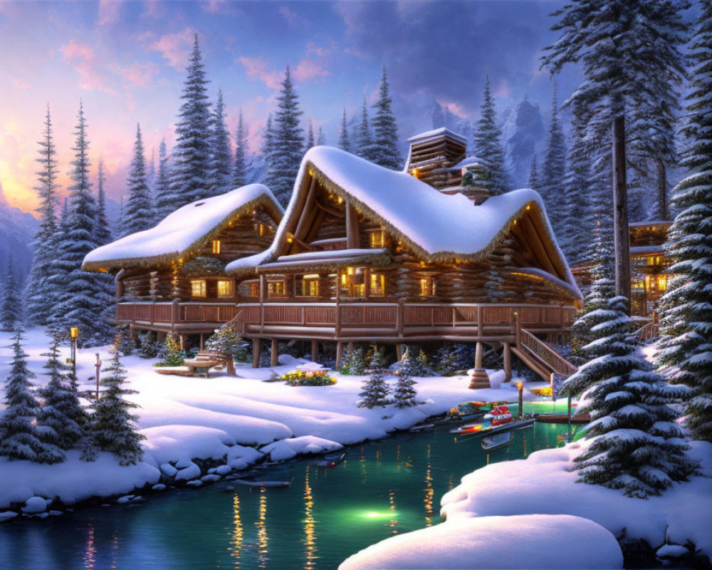 Snowy Twilight Scene: Cozy Cabin by Frozen River & Pine Trees