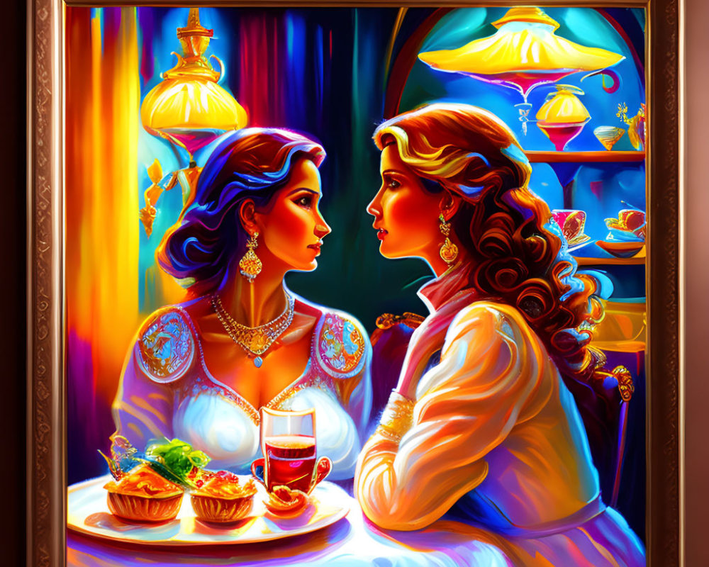 Vibrant painting of two women with ornate lamps and tea table