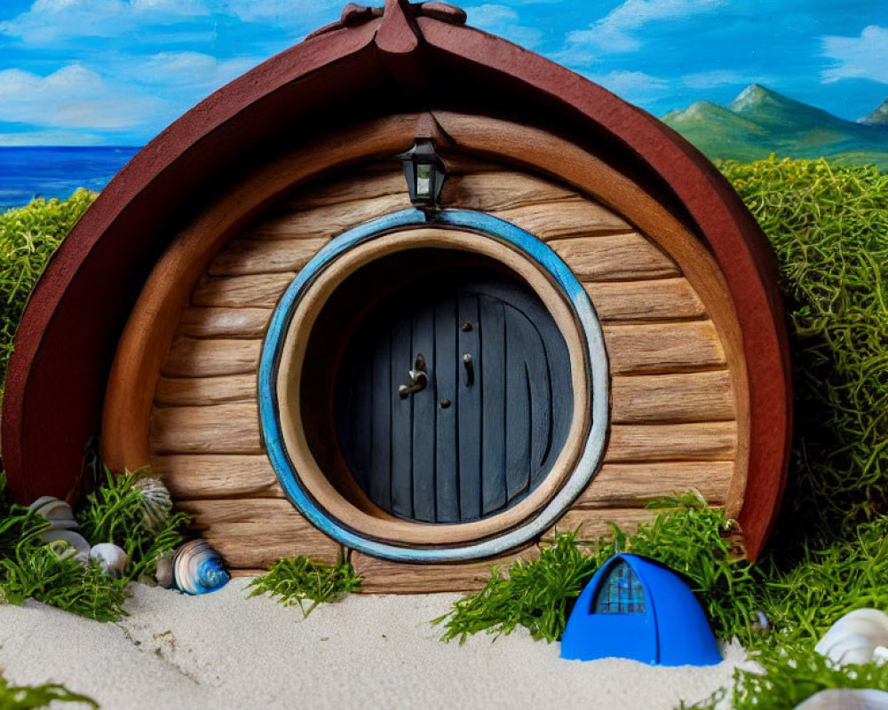 Miniature wooden house with barrel-shaped door on sandy beach with seashells, painted ocean and mountains