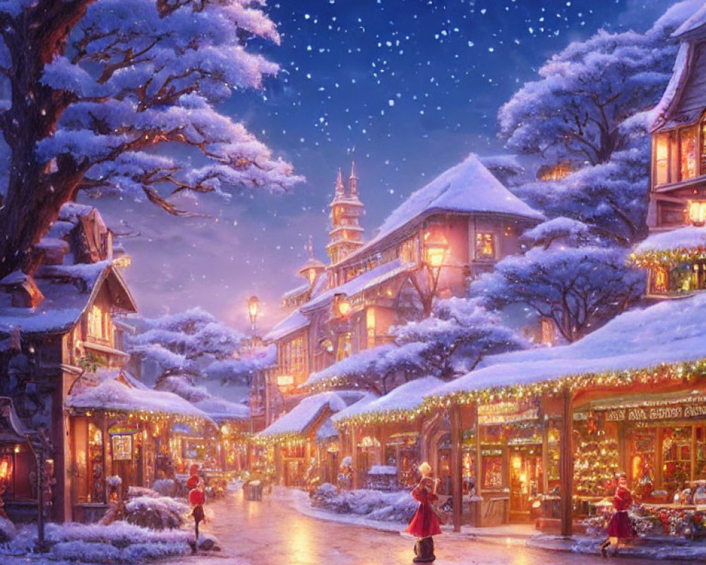 Snow-covered buildings, sparkling lights, and festive market stalls in a winter town square.