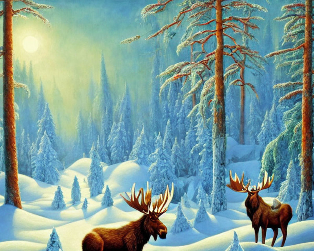Moose in snowy forest with tall conifers under muted sun