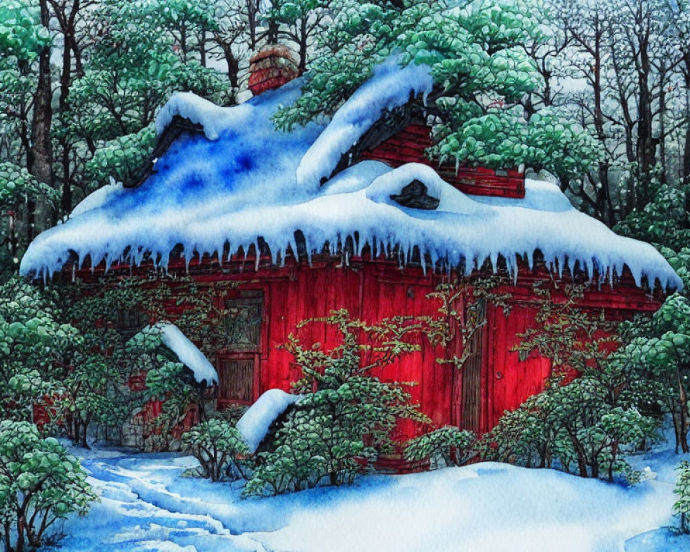 Snow-covered red wooden cabin in serene snowy forest