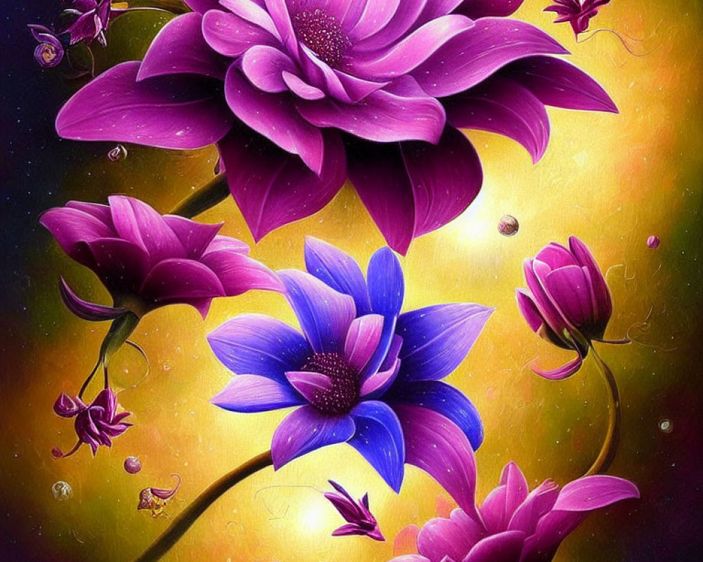 Digital Artwork: Luminescent Purple Flowers on Golden Background