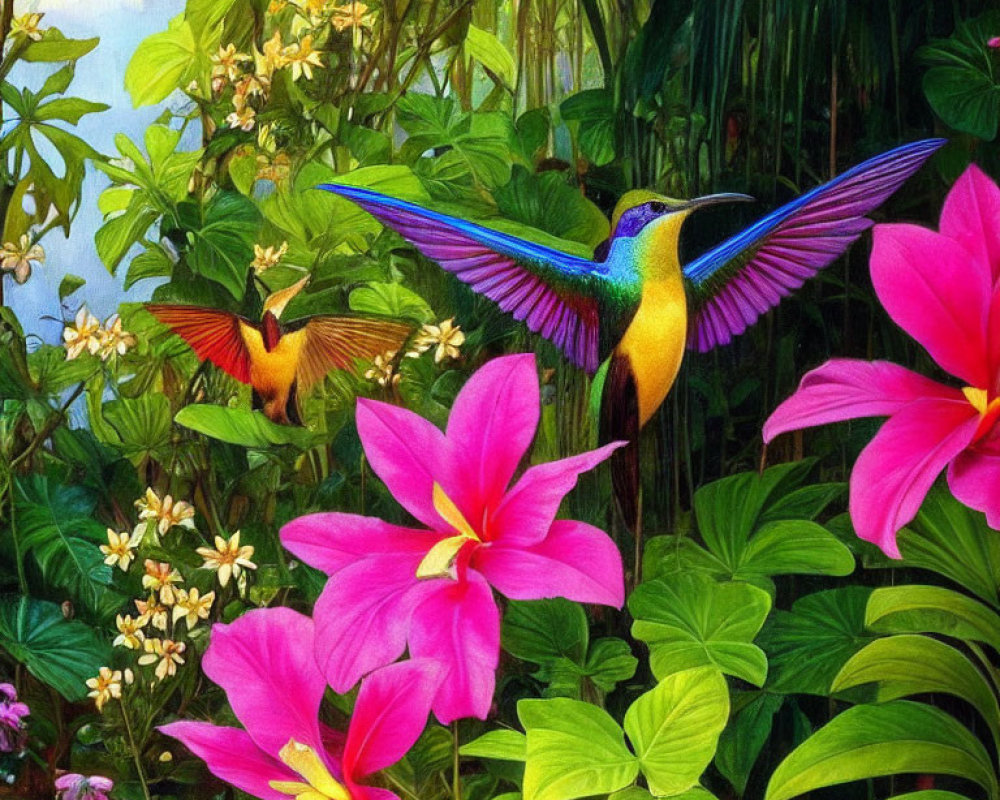 Colorful hummingbirds and flowers painting with lush green foliage.
