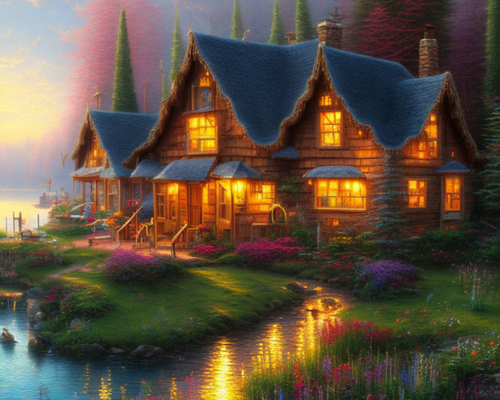 Cozy illuminated cottage by serene river at dusk