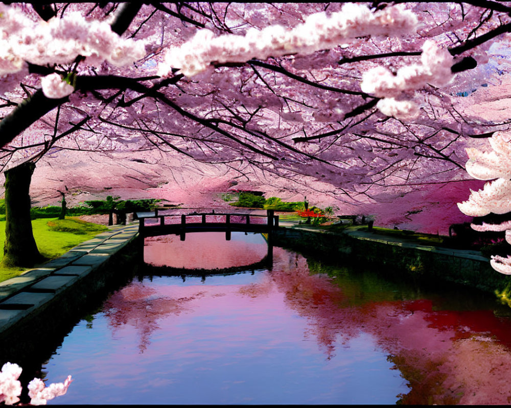 Tranquil pond with vibrant cherry blossoms and wooden bridge