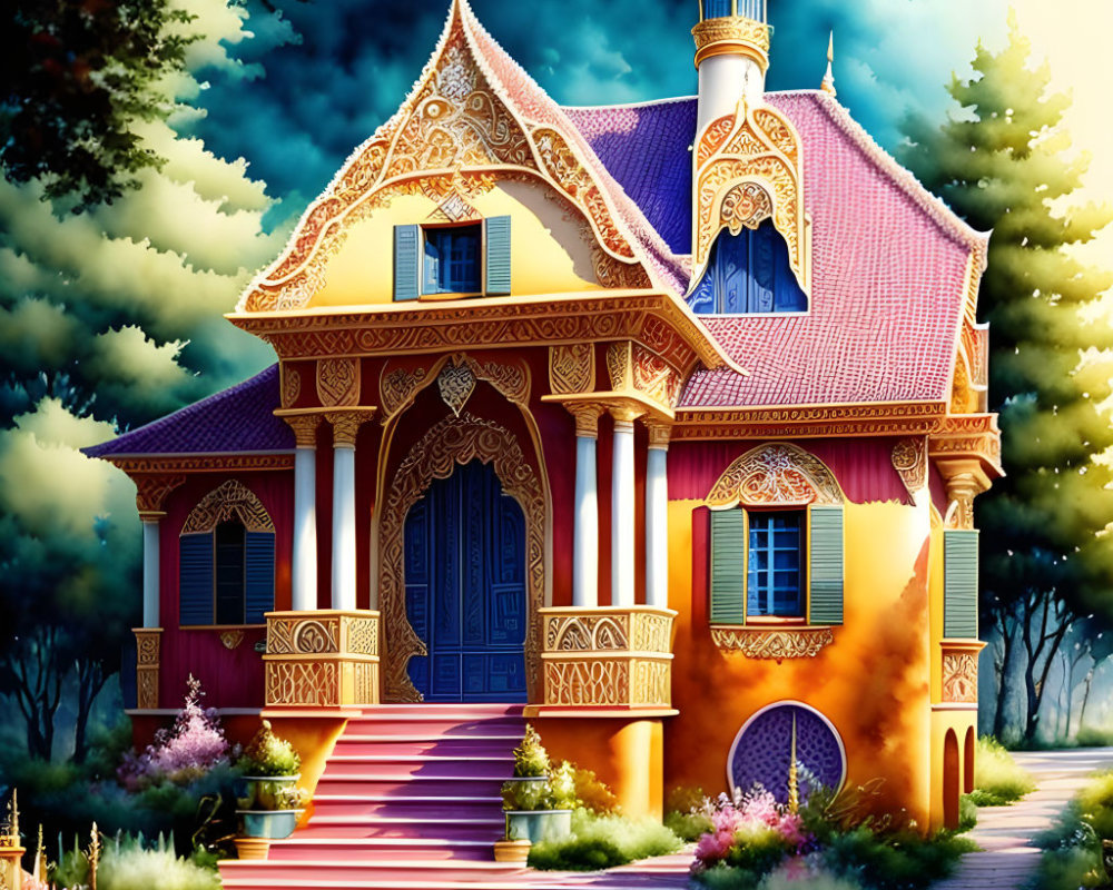 Whimsical ornate house with red roof and golden details among trees and flowers