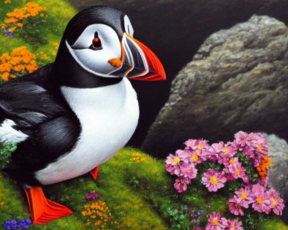 Vibrant puffin on green cliff with colorful flowers