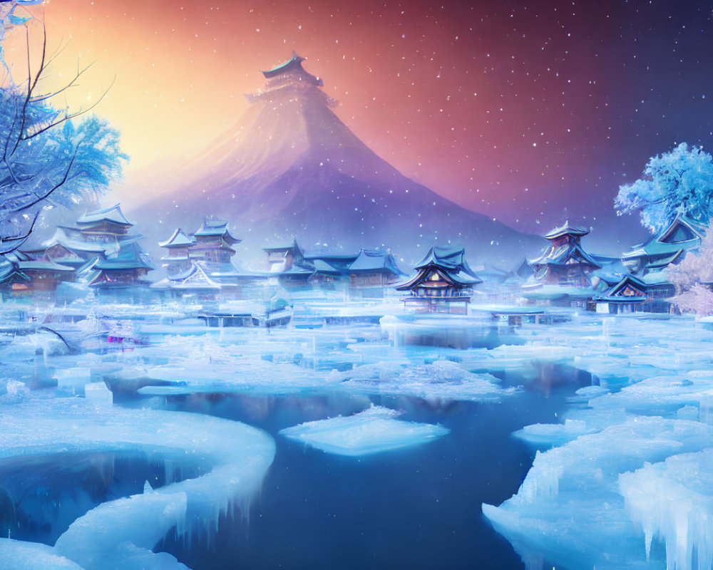 Snow-covered winter landscape with traditional buildings, icy river, and majestic mountain under starry sky.