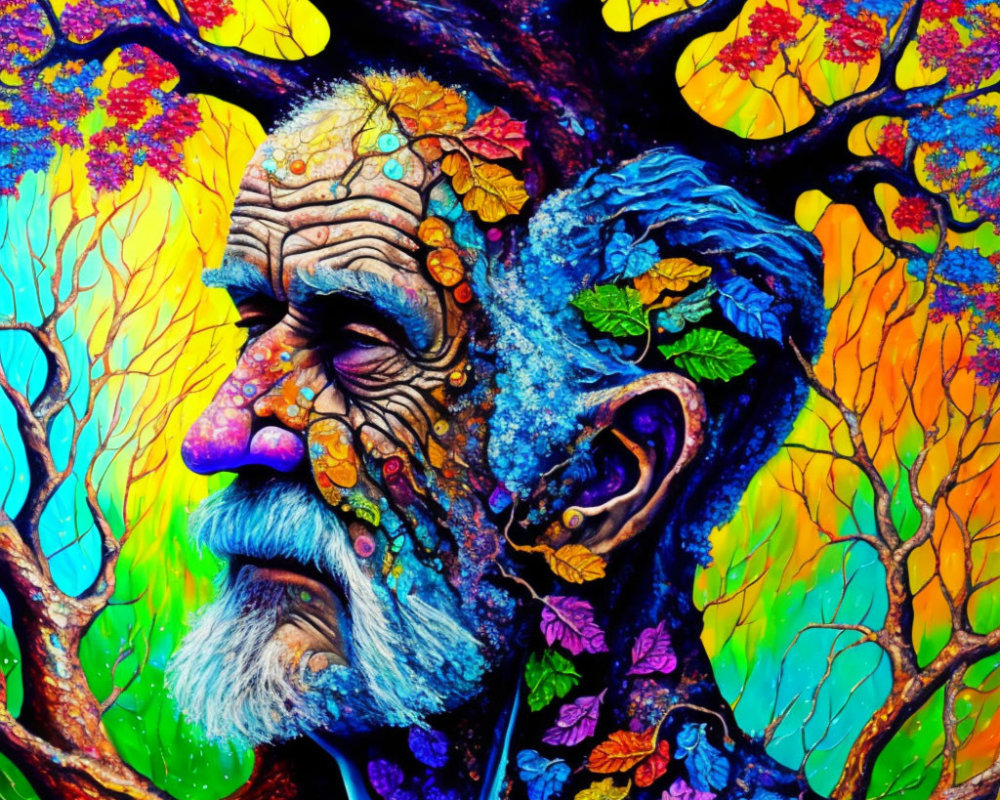 Colorful artwork blending man's face with tree imagery in autumnal hues
