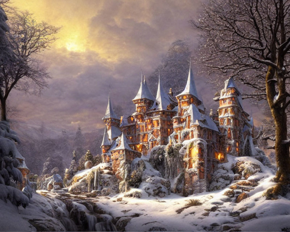 Snowy sunset scene: Majestic castle in warm light, surrounded by wintry forest