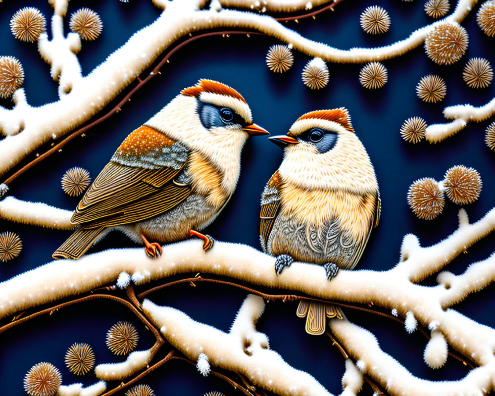 Illustrated birds on snow-covered branches with seedpods in the background