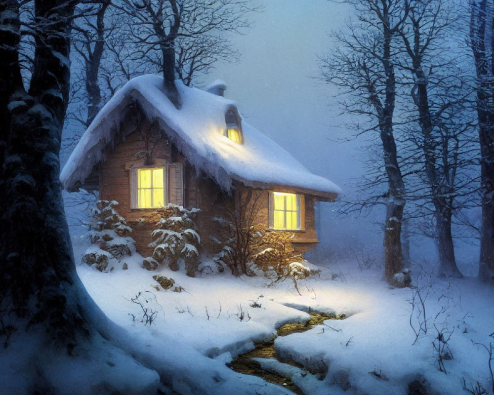 Snowy Forest Cottage Illuminated at Twilight