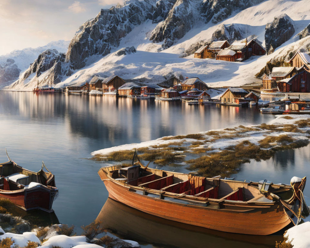 Winter Lakeside Scene: Wooden Houses, Snow-Covered Boats, Mountains