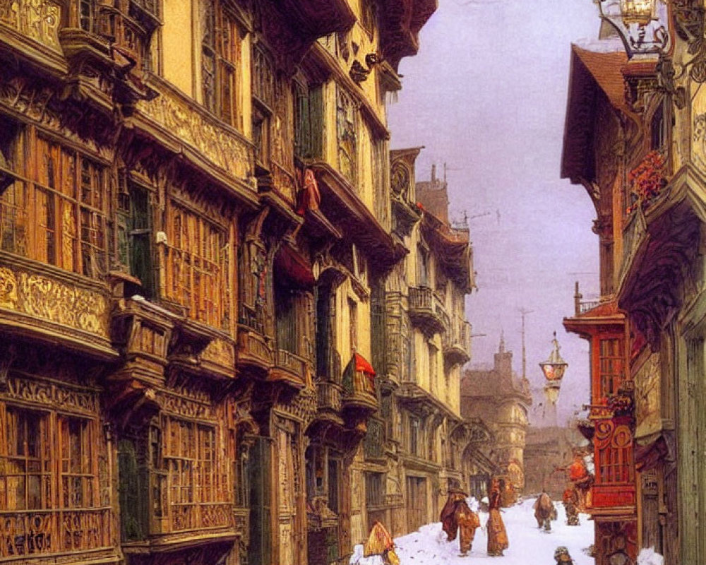 Snowy cobblestone street with vintage buildings and street lamps.