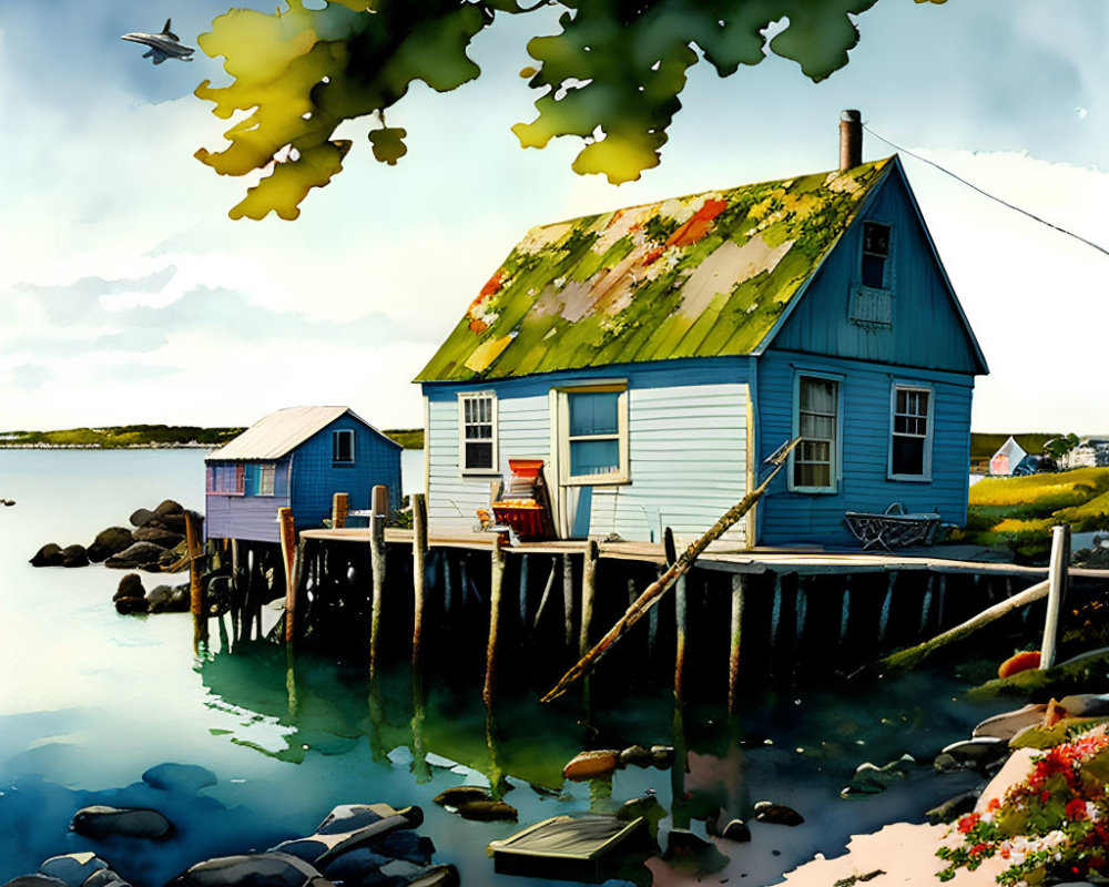 Vibrant illustration of a seaside house with moss-covered roof and jetty