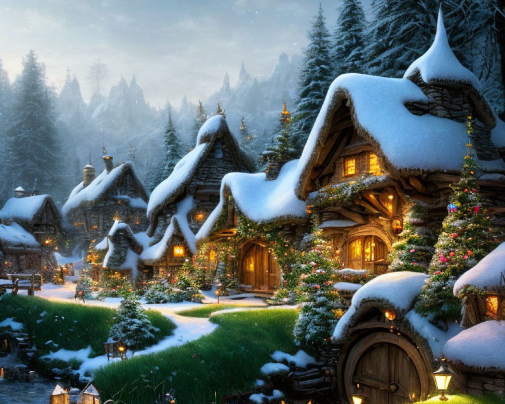 Snow-covered cottages and Christmas trees in a serene winter village forest.