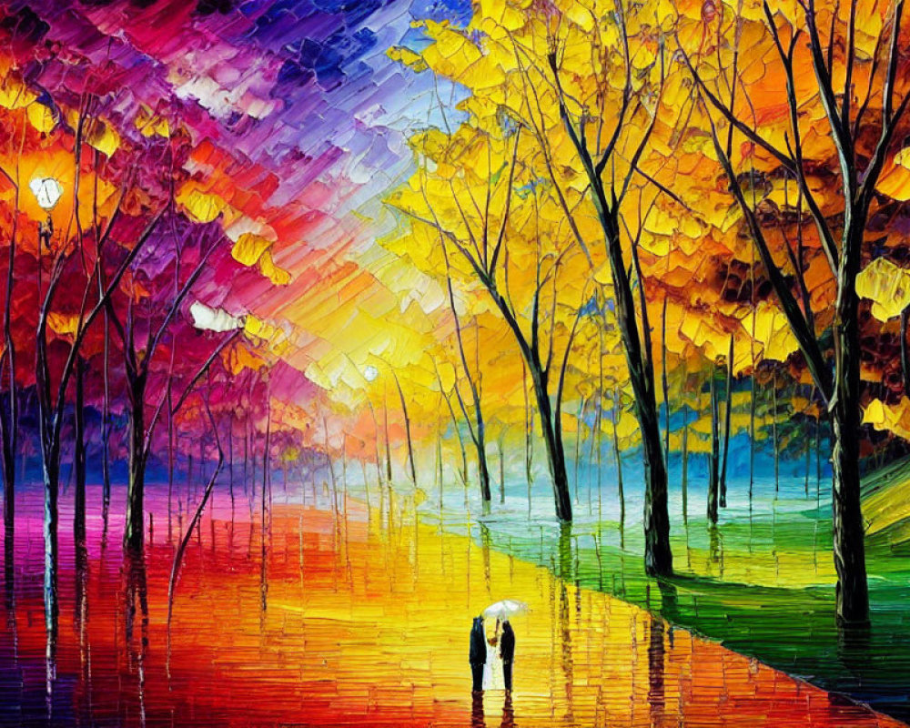 Colorful Impressionistic Painting of Two People Under Umbrella Among Trees