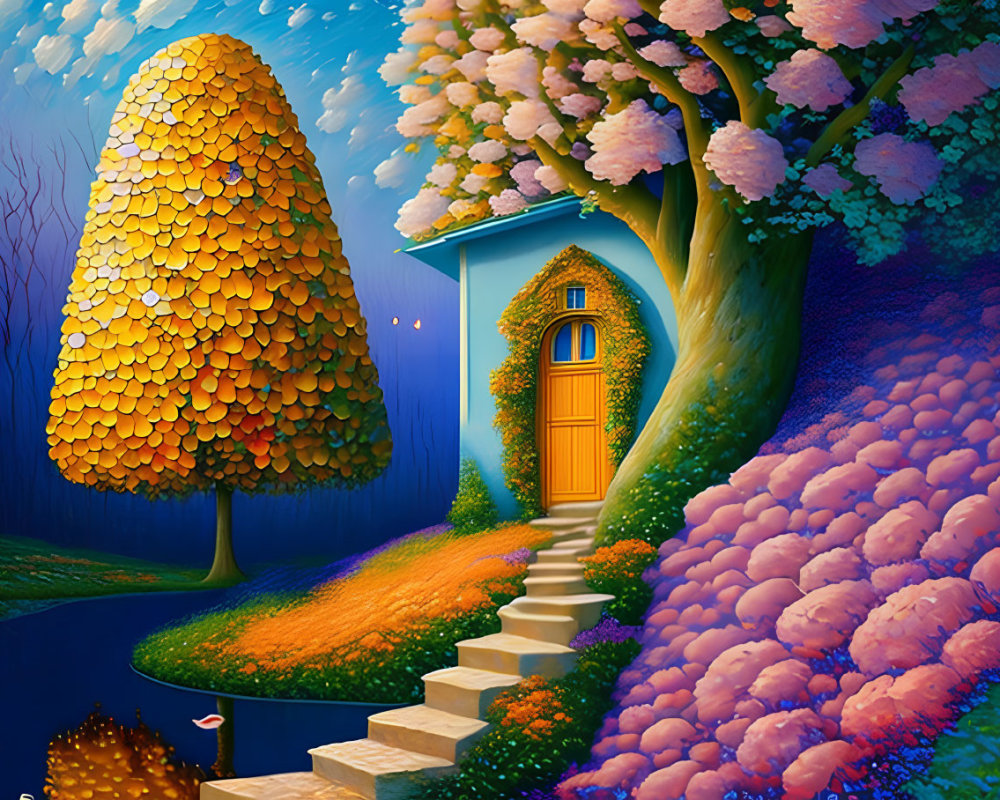 Whimsical glowing orange tree painting with staircase and blue house