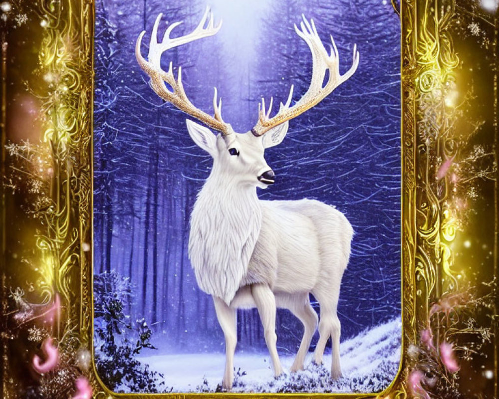 Golden Frame Surrounds Majestic White Stag in Snowy Forest