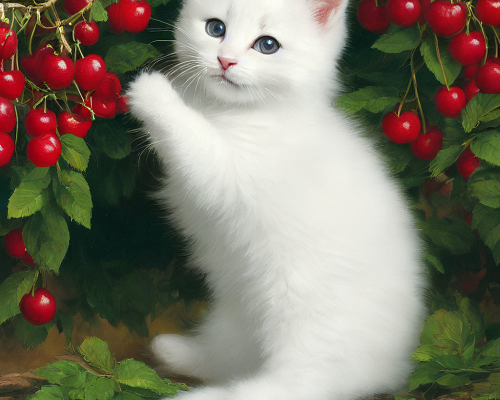 Adorable white kitten with blue eyes reaching for red cherries