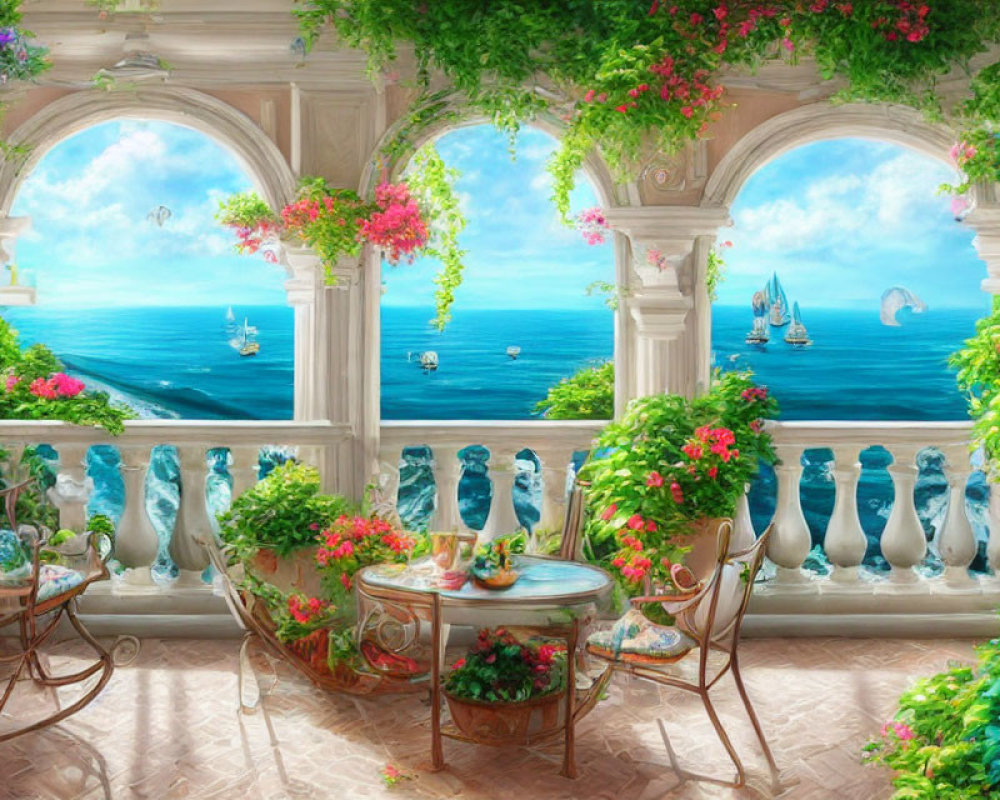 Tranquil balcony overlooking ocean with arches, flowers, furniture, sailboats