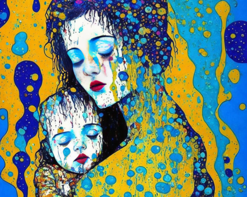 Vibrant painting of woman and child with solemn expressions in blue backdrop