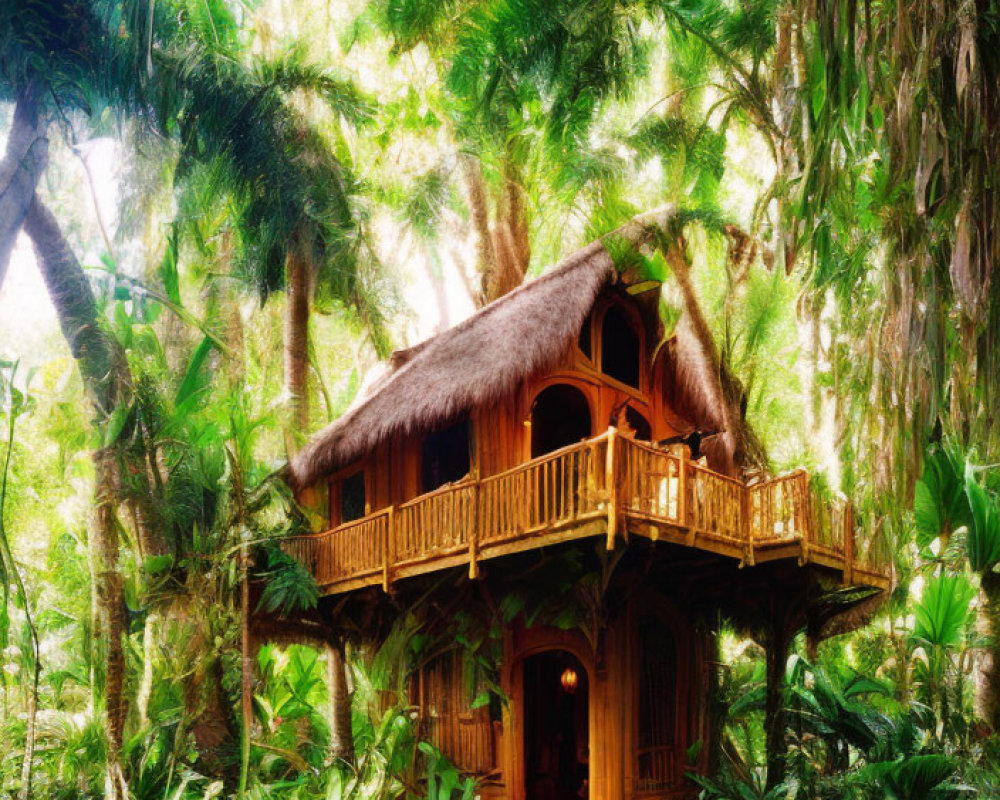 Thatched-Roof Treehouse in Lush Forest