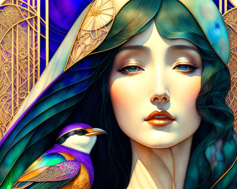 Illustration of woman with turquoise hair and bird in ornate Art Nouveau setting