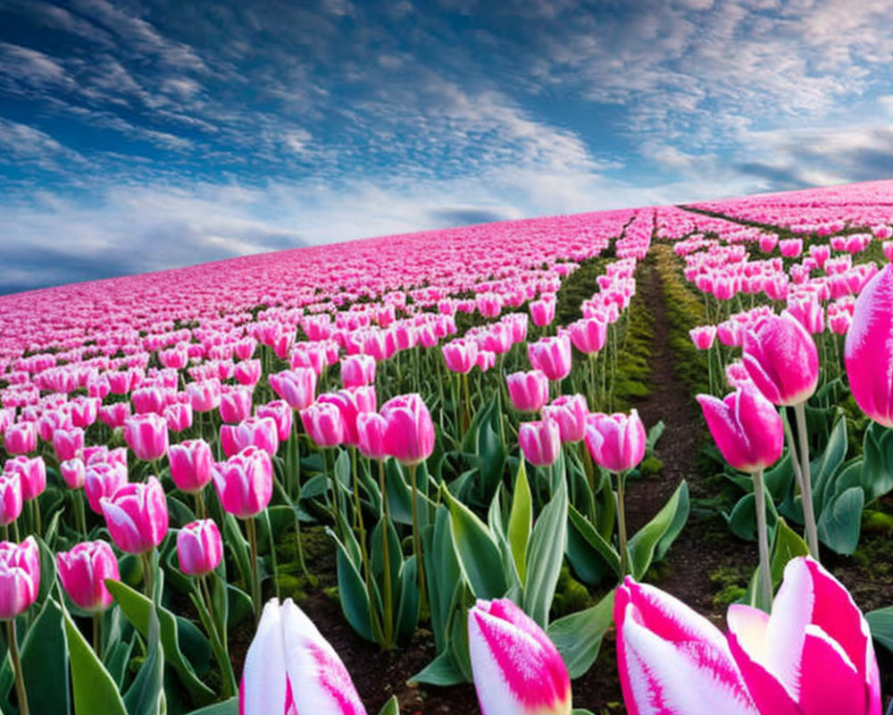 Pink Tulip Field Under Blue Sky with Path