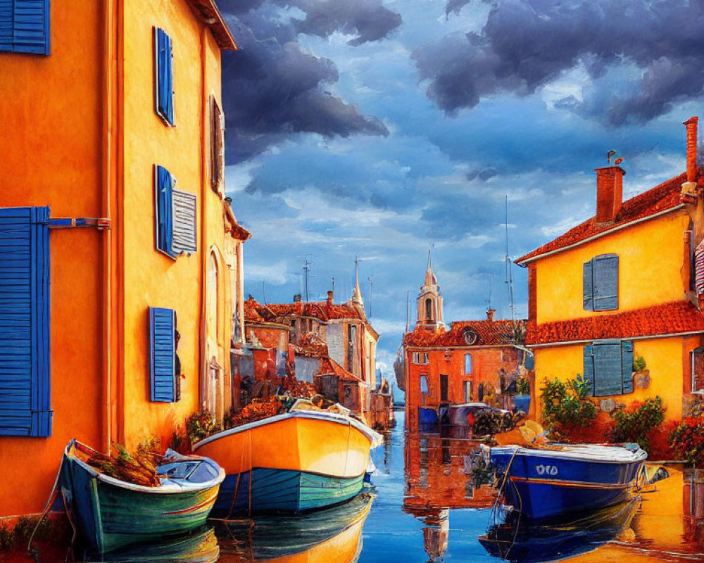 Vibrant canal-side village with boats under dramatic sky