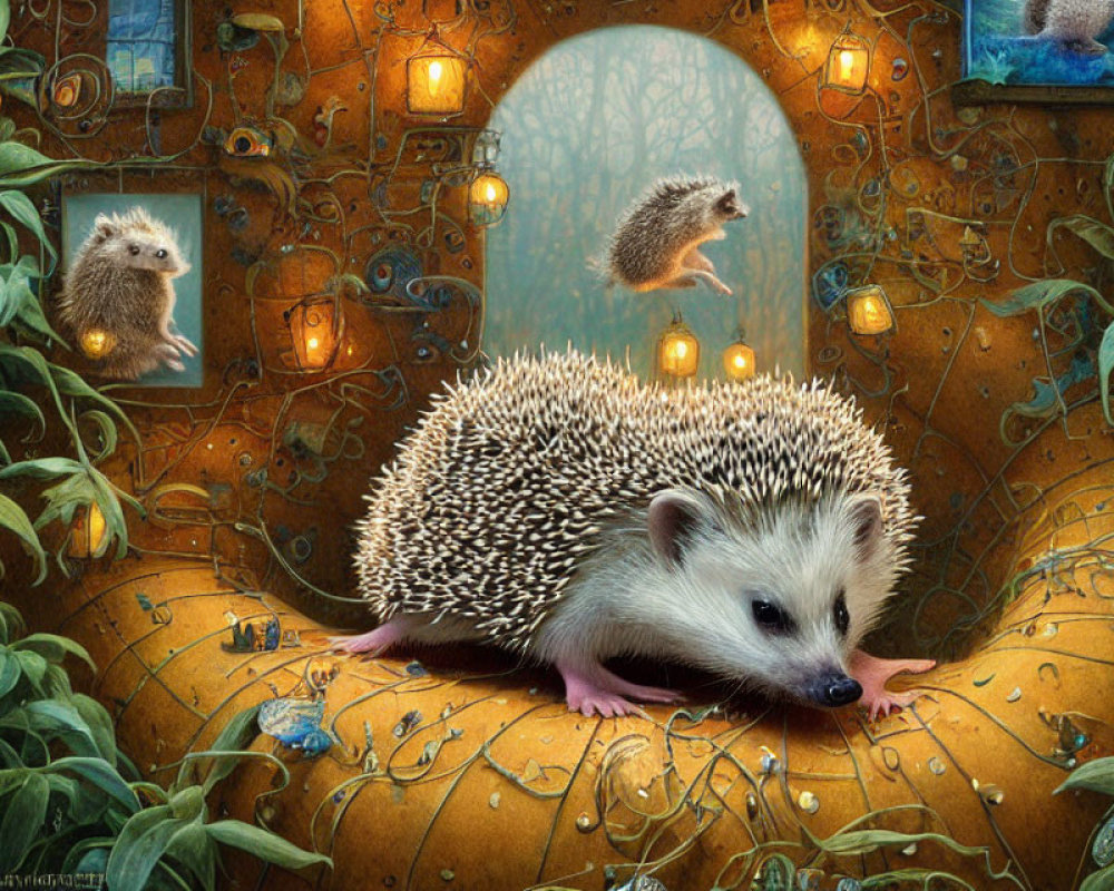 Whimsical hedgehog painting in magical forest setting