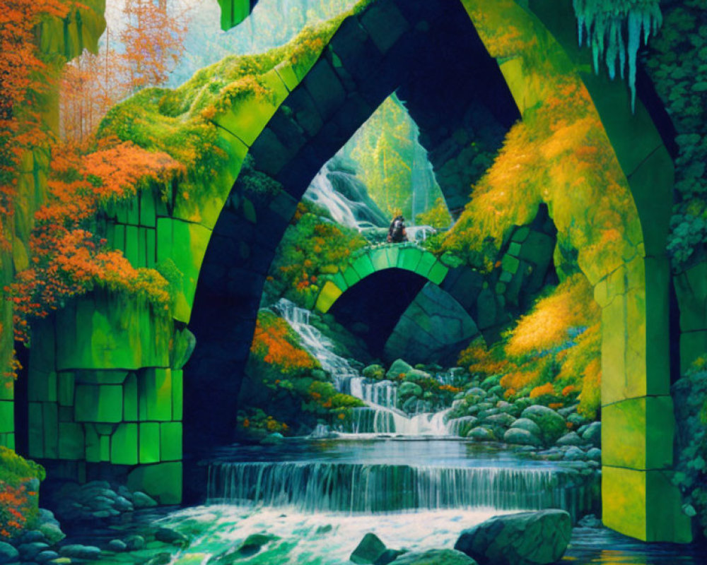 Colorful Fantasy Landscape: Mossy Stone Arch Bridge & Waterfall