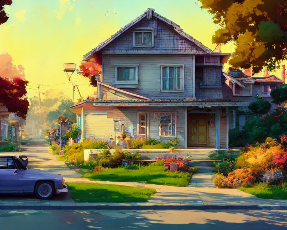 Two-story wooden house at sunset with vintage car and lush greenery
