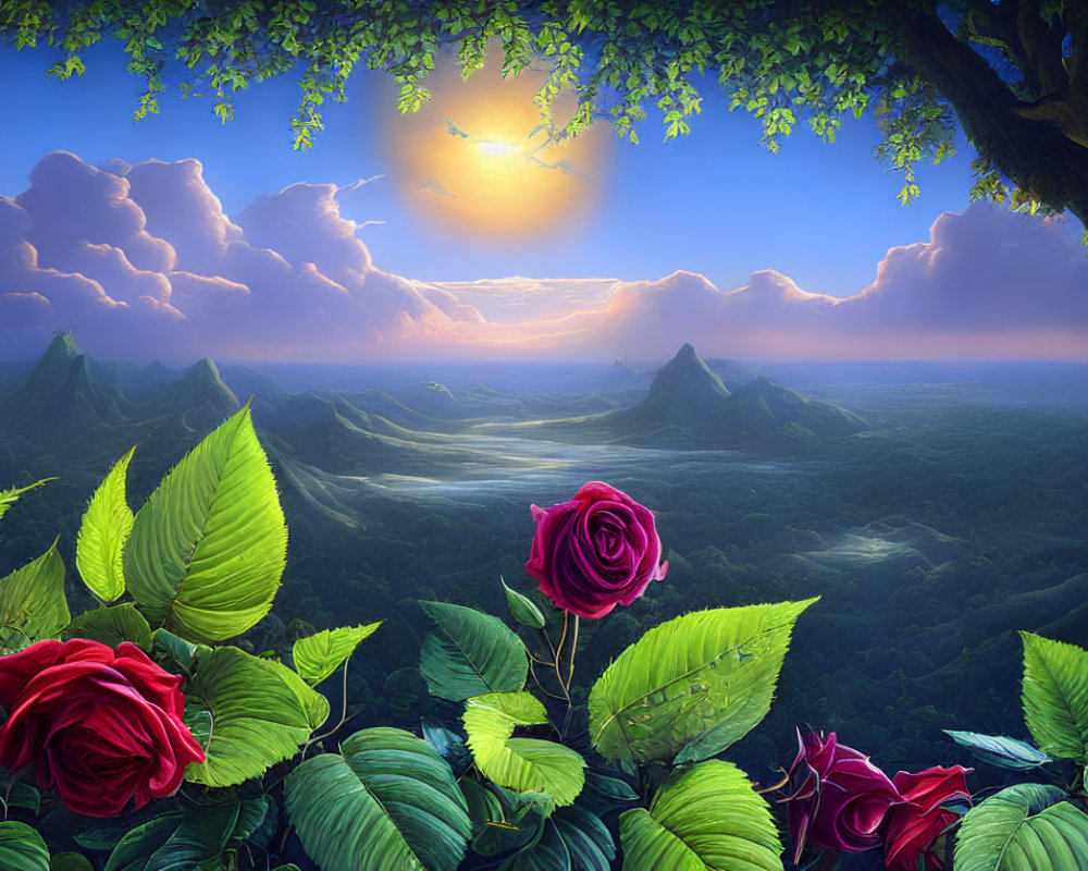 Colorful Roses and Mountain Landscape at Sunset